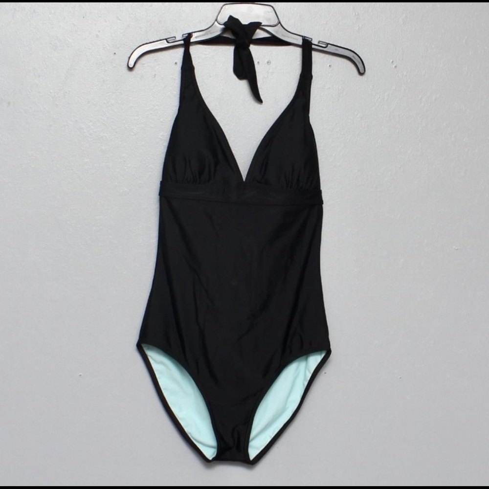 PRANA LAHARI ONE PIECE HALTER STYLE swimsuit solid black  size L